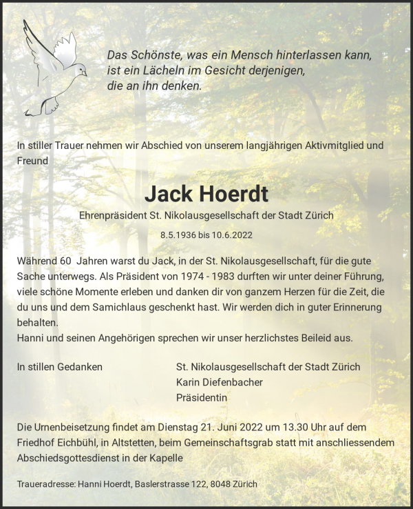 Todesanzeige von Jack Hoerdt, Z&uuml;rich