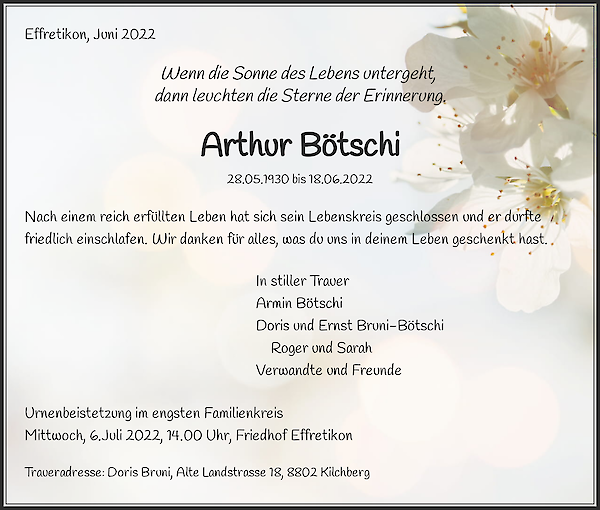 Todesanzeige von Arthur B&ouml;tschi, Effretikon