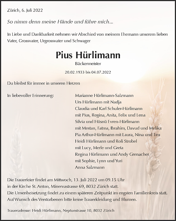 Todesanzeige von Pius H&uuml;rlimann, Z&uuml;rich
