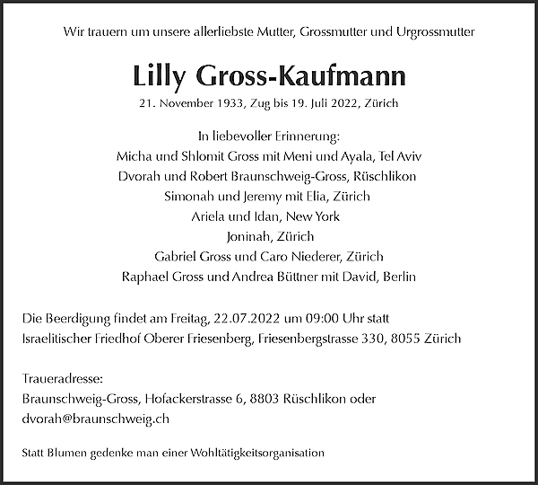 Todesanzeige von Lilly Gross-Kaufmann, Z&uuml;rich