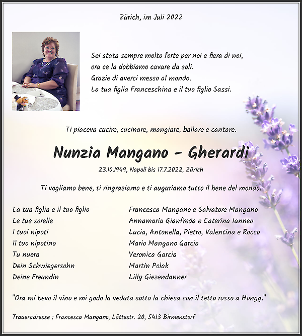 Todesanzeige von Nunzia Mangano - Gherardi, Z&uuml;rich