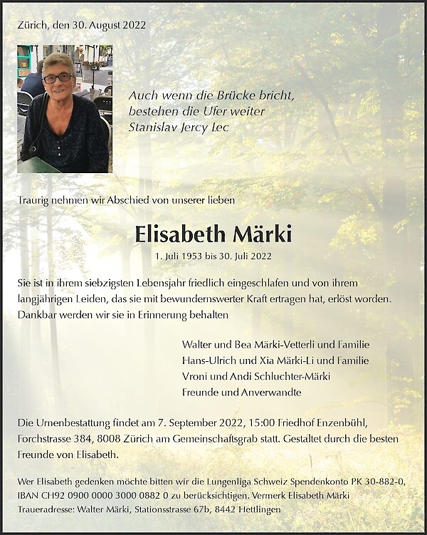 Todesanzeige von Elisabeth M&auml;rki, Z&uuml;rich