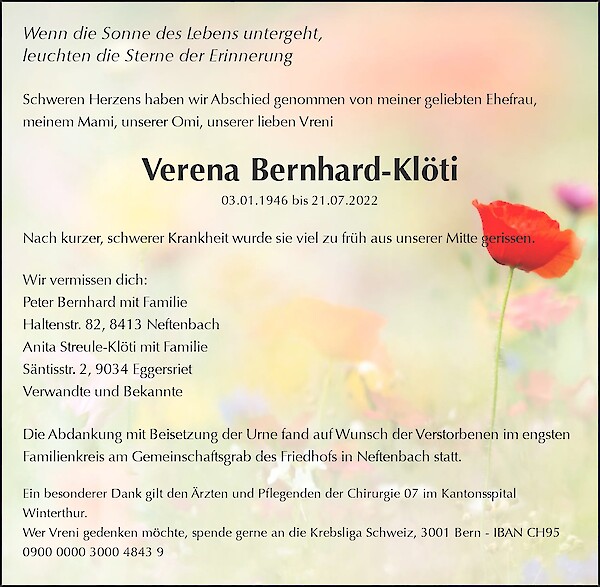 Todesanzeige von Verena Bernhard-Kl&ouml;ti, Neftenbach