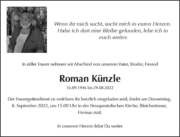 Todesanzeige von Roman K&uuml;nzle, Herisau