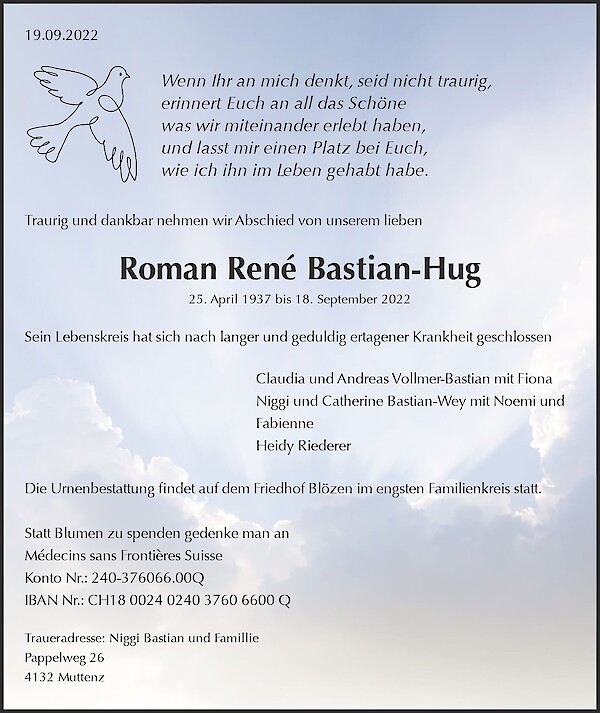 Todesanzeige von Roman Ren&eacute; Bastian-Hug, Pratteln