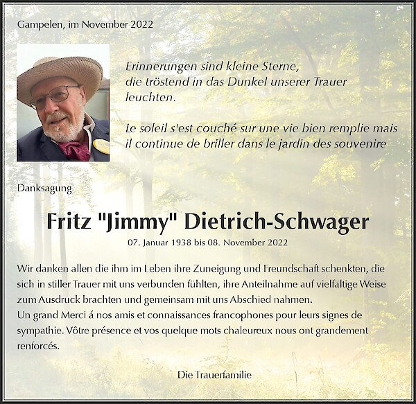 Danksagung von Fritz "Jimmy" Dietrich-Schwager, Gampelen