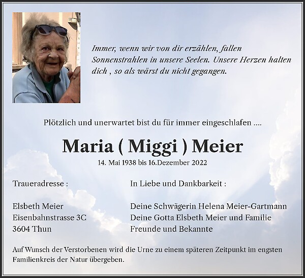 Todesanzeige von Maria ( Miggi ) Meier, K&uuml;blis
