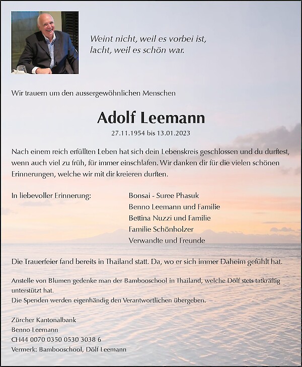 Todesanzeige von Adolf Leemann, K&uuml;snacht