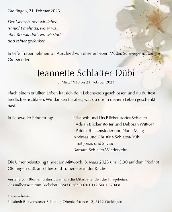 Todesanzeige von Jeannette Schlatter-D&uuml;bi, Otelfingen