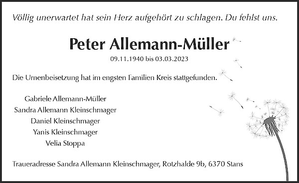 Todesanzeige von Peter Allemann-M&uuml;ller