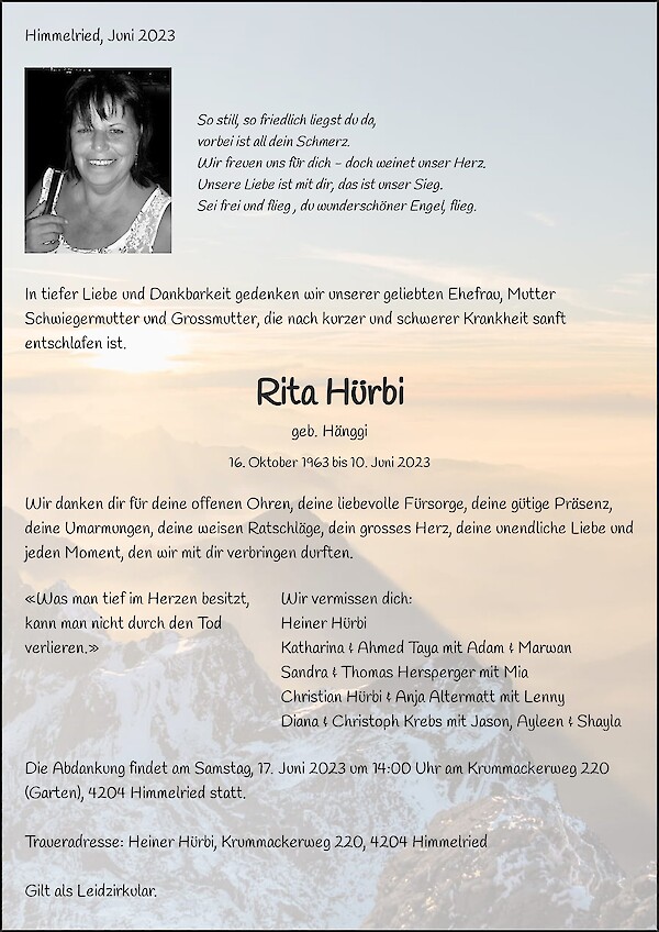 Todesanzeige von Rita H&uuml;rbi, Himmelried