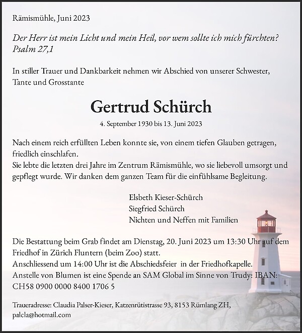 Todesanzeige von Gertrud Sch&uuml;rch