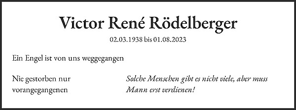 Todesanzeige von Victor Ren&eacute; R&ouml;delberger, Z&uuml;rich
