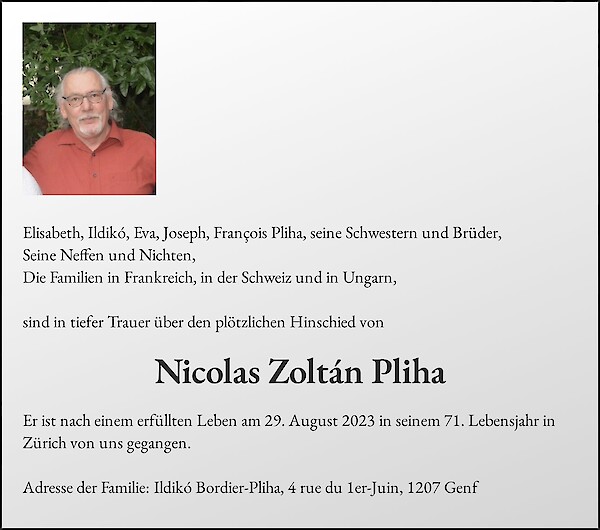 Todesanzeige von Nicolas Zolt&aacute;n Pliha, Regensdorf