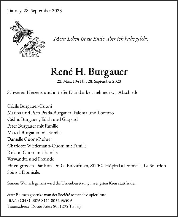 Todesanzeige von Ren&eacute; H. Burgauer, Tannay