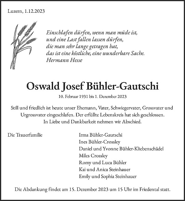 Todesanzeige von Oswald Josef B&uuml;hler-Gautschi, Luzern