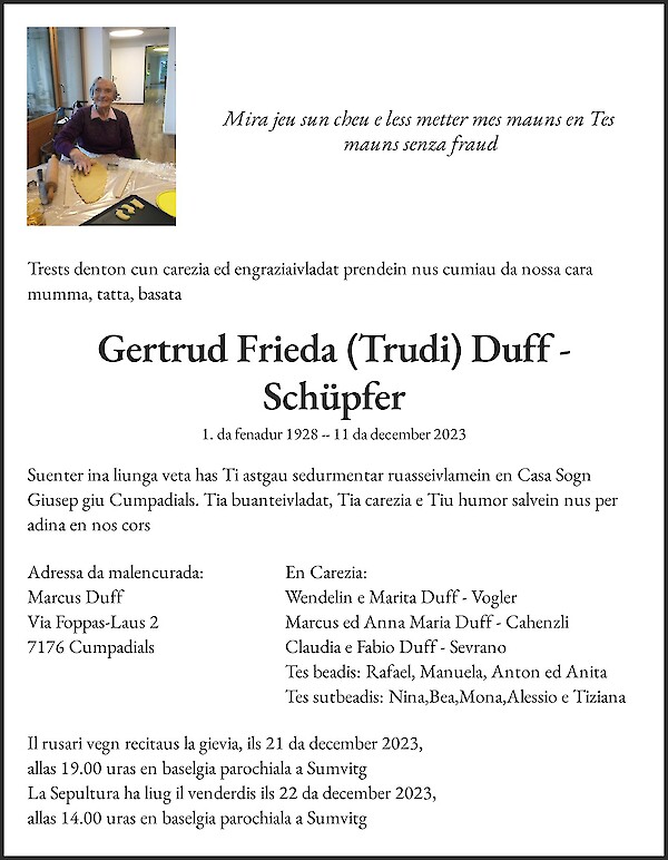 Todesanzeige von Gertrud Frieda (Trudi) Duff - Sch&uuml;pfer