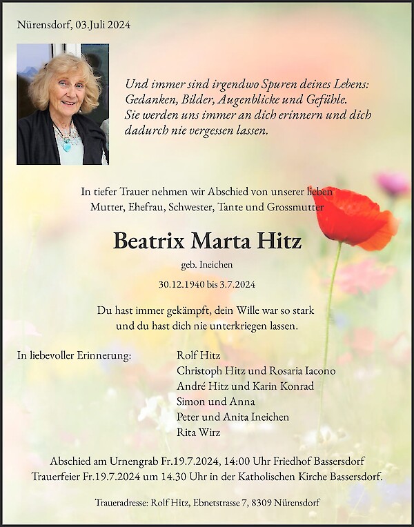 Todesanzeige von Beatrix Marta Hitz, N&uuml;rensdorf
