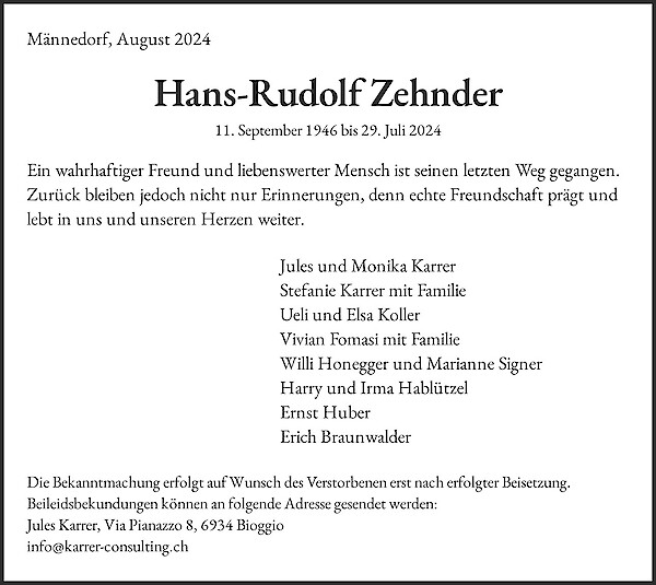 Todesanzeige von Hans-Rudolf Zehnder, M&auml;nnedorf