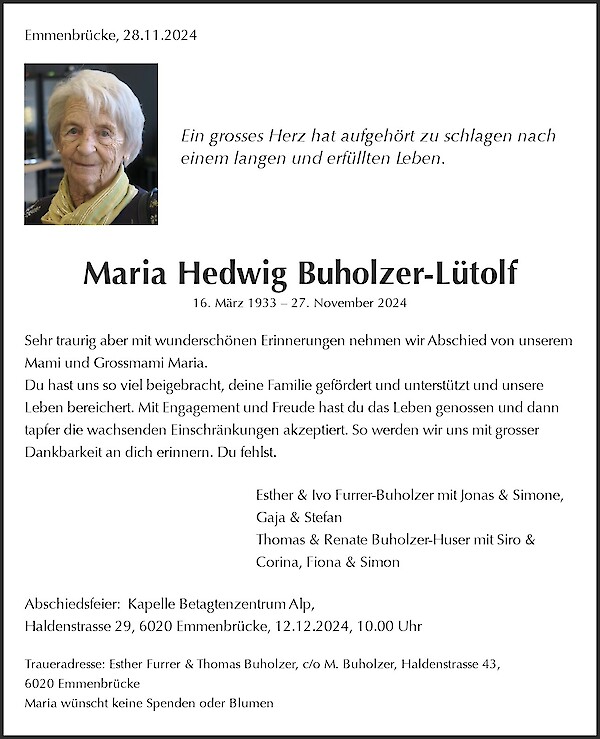 Todesanzeige von Maria Hedwig Buholzer-L&uuml;tolf, Emmenbr&uuml;cke