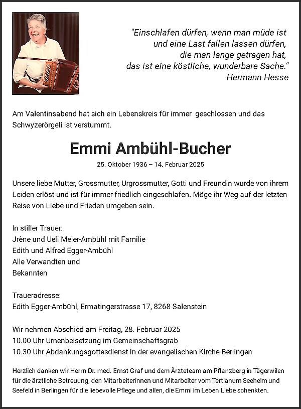 Todesanzeige von Emmi Amb&uuml;hl-Bucher, Berlingen
